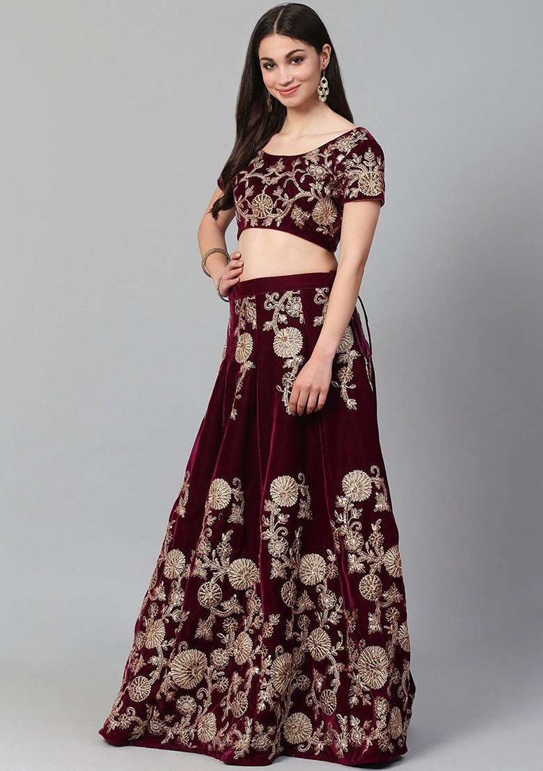 Purple Embroidered Poly Blend Lehenga Set for Diwali and Festive Wear - Indya