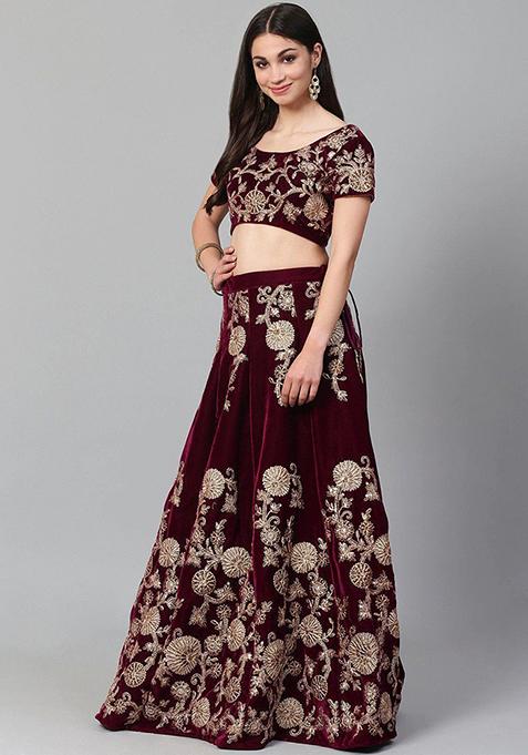Purple Embroidered Poly Blend Lehenga Set