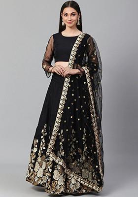 Black Solid Poly Blend Lehenga Set