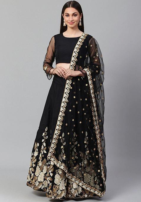 Black Solid Poly Blend Lehenga Set
