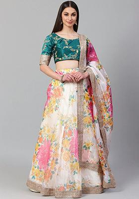 Off White Embroidered Poly Blend Lehenga Set