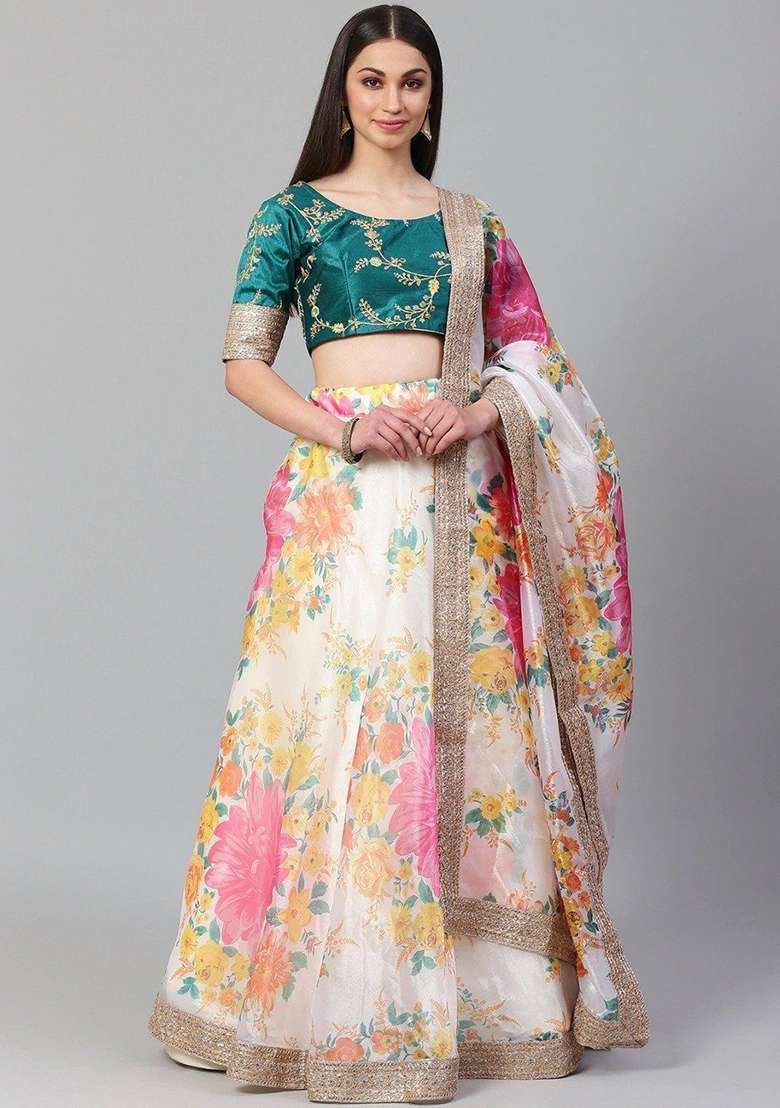 Off White Embroidered Poly Blend Lehenga Set for Diwali and Festive Wear - Indya