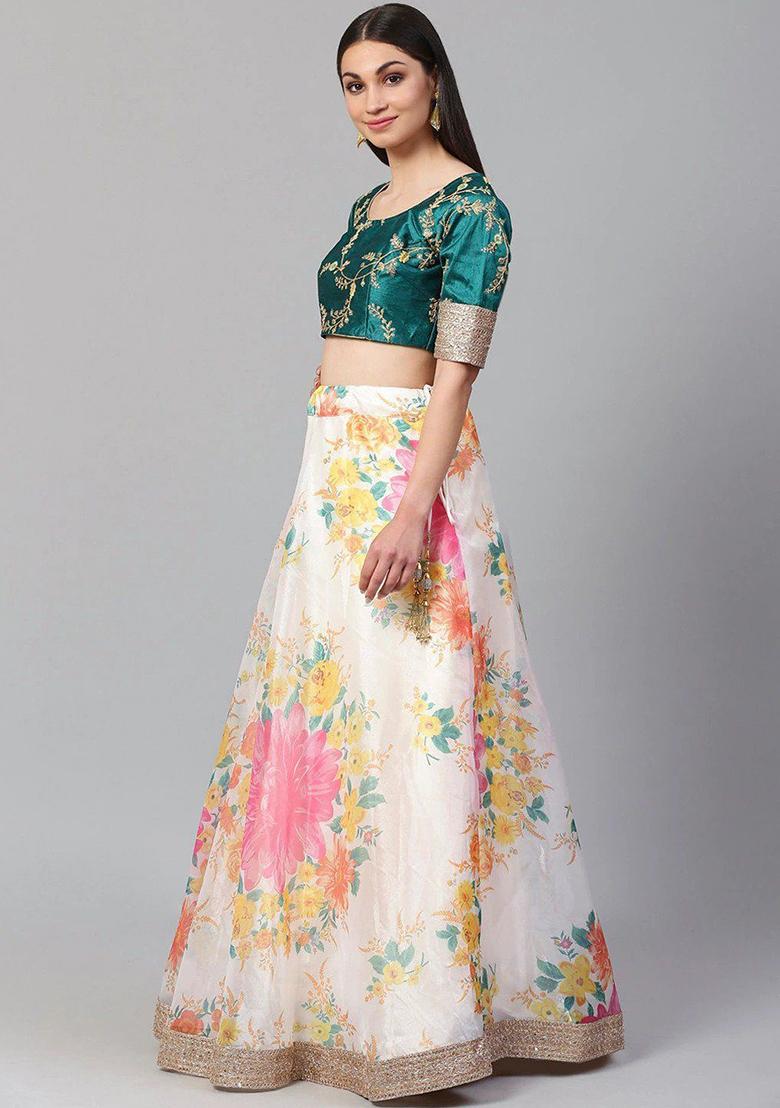 Off White Embroidered Poly Blend Lehenga Set