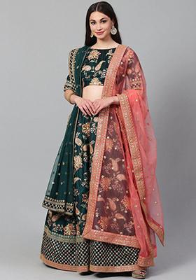 Green Embroidered Poly Blend Lehenga Set