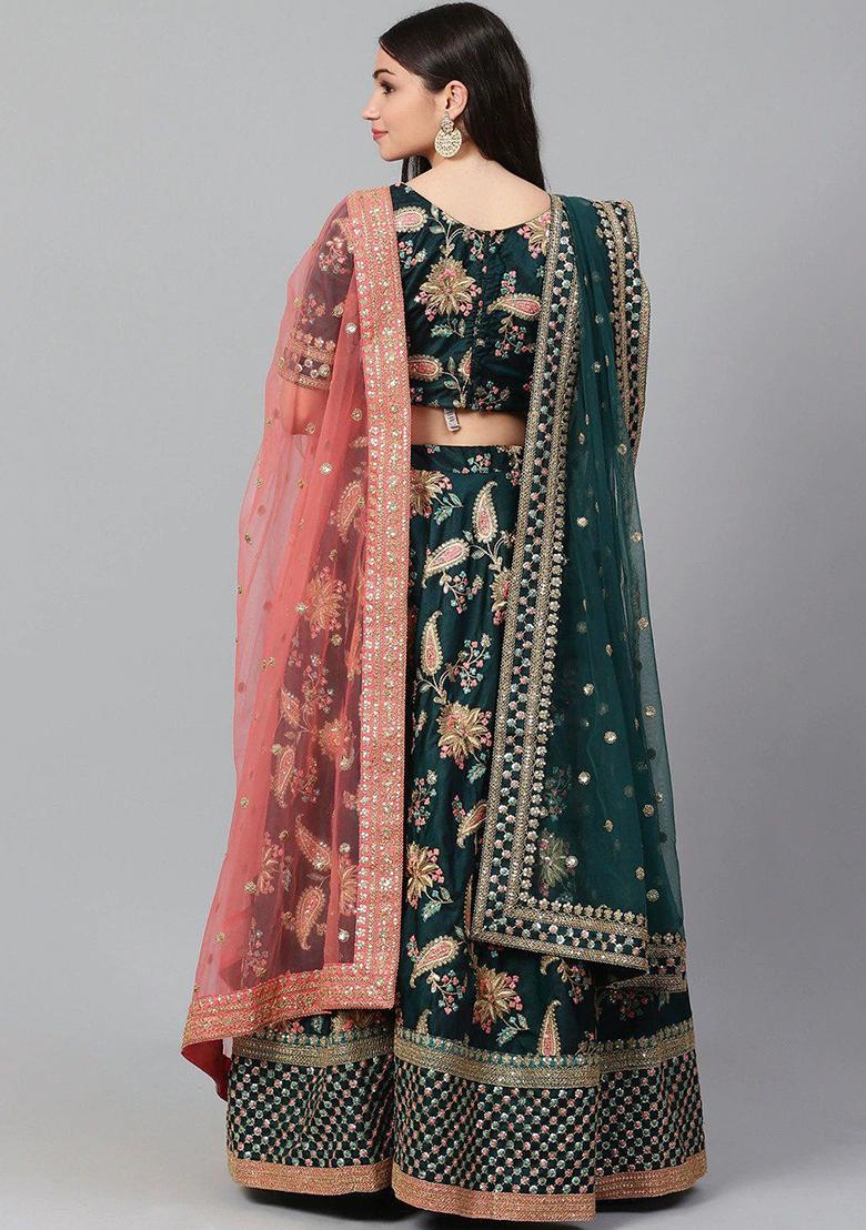 Green Embroidered Poly Blend Lehenga Set