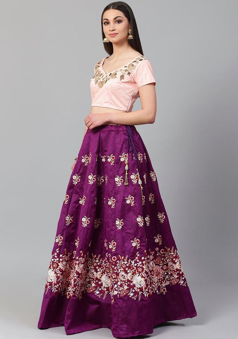 Purple Embroidered Poly Blend Lehenga Set