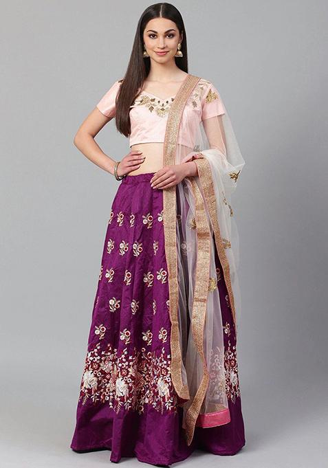 Purple Embroidered Poly Blend Lehenga Set