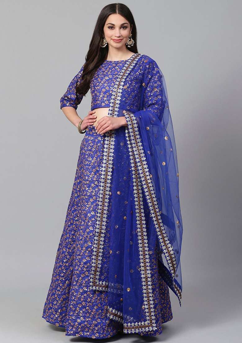 Blue Embroidered Poly Blend Lehenga Set for Diwali and Festive Wear - Indya