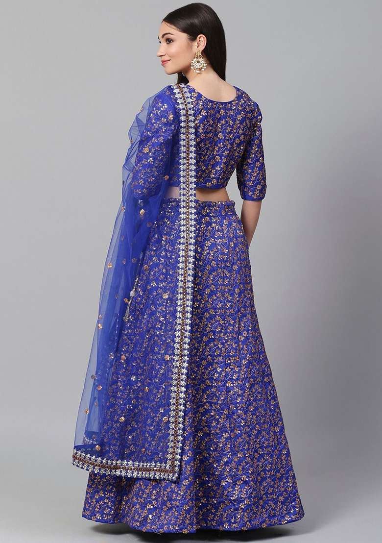 Blue Embroidered Poly Blend Lehenga Set for Diwali and Festive Wear - Indya