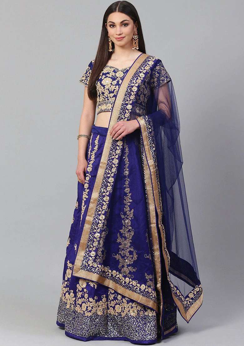 Blue Embroidered Poly Blend Lehenga Set for Diwali and Festive Wear - Indya