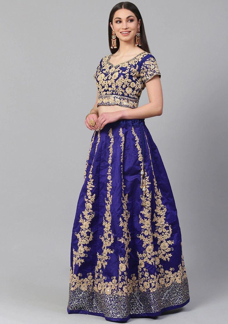 Blue Embroidered Poly Blend Lehenga Set