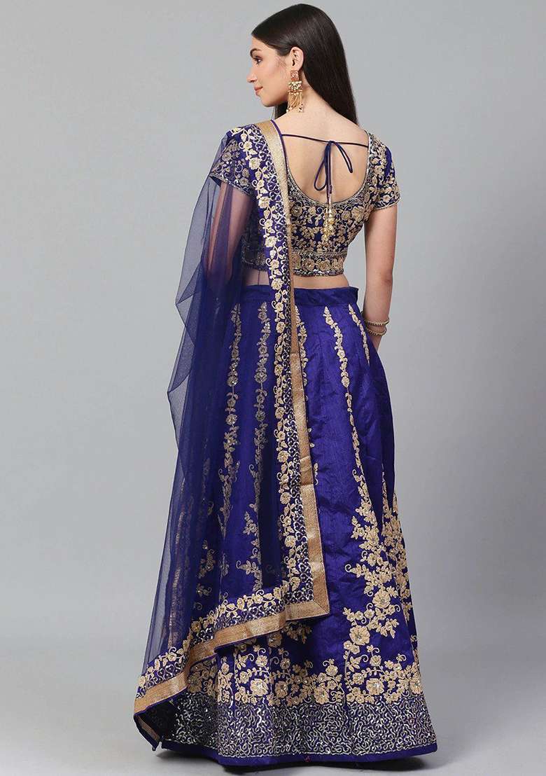 Blue Embroidered Poly Blend Lehenga Set for Diwali and Festive Wear - Indya
