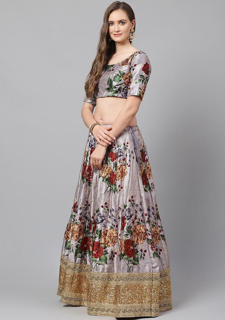 Grey Printed Poly Blend Lehenga Set