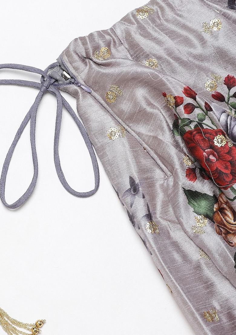 Grey Printed Poly Blend Lehenga Set