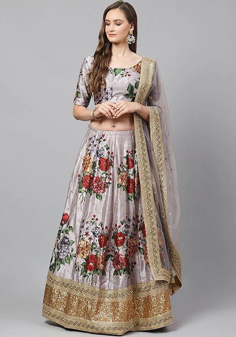 Grey Printed Poly Blend Lehenga Set