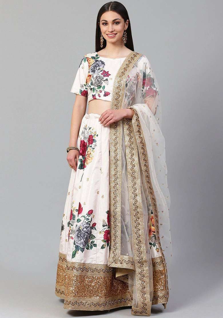 Off White Printed Poly Blend Lehenga Set for Diwali and Festive Wear - Indya