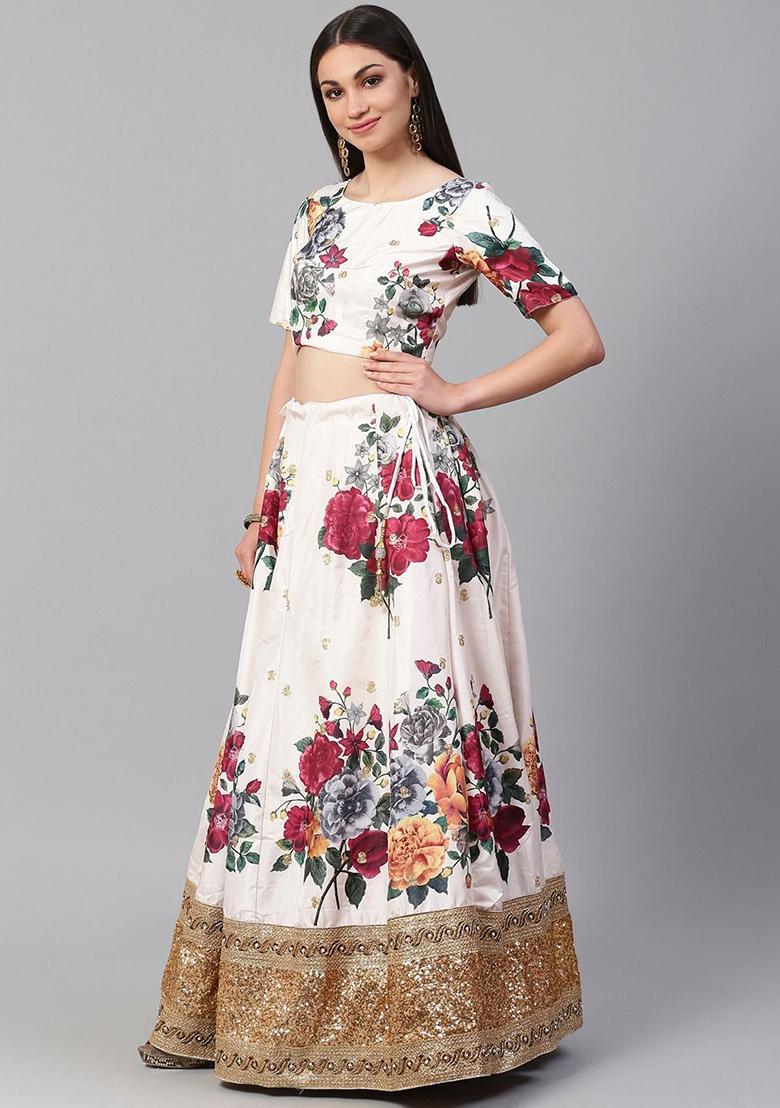 Off White Printed Poly Blend Lehenga Set