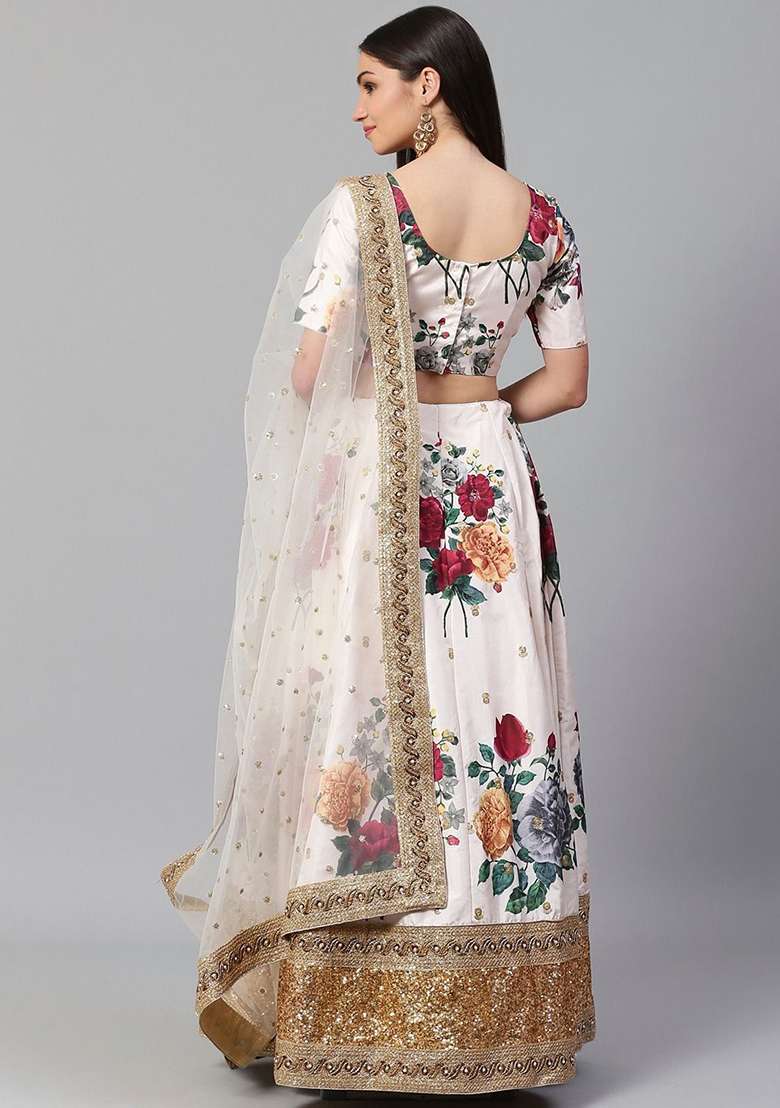 Off White Printed Poly Blend Lehenga Set for Diwali and Festive Wear - Indya