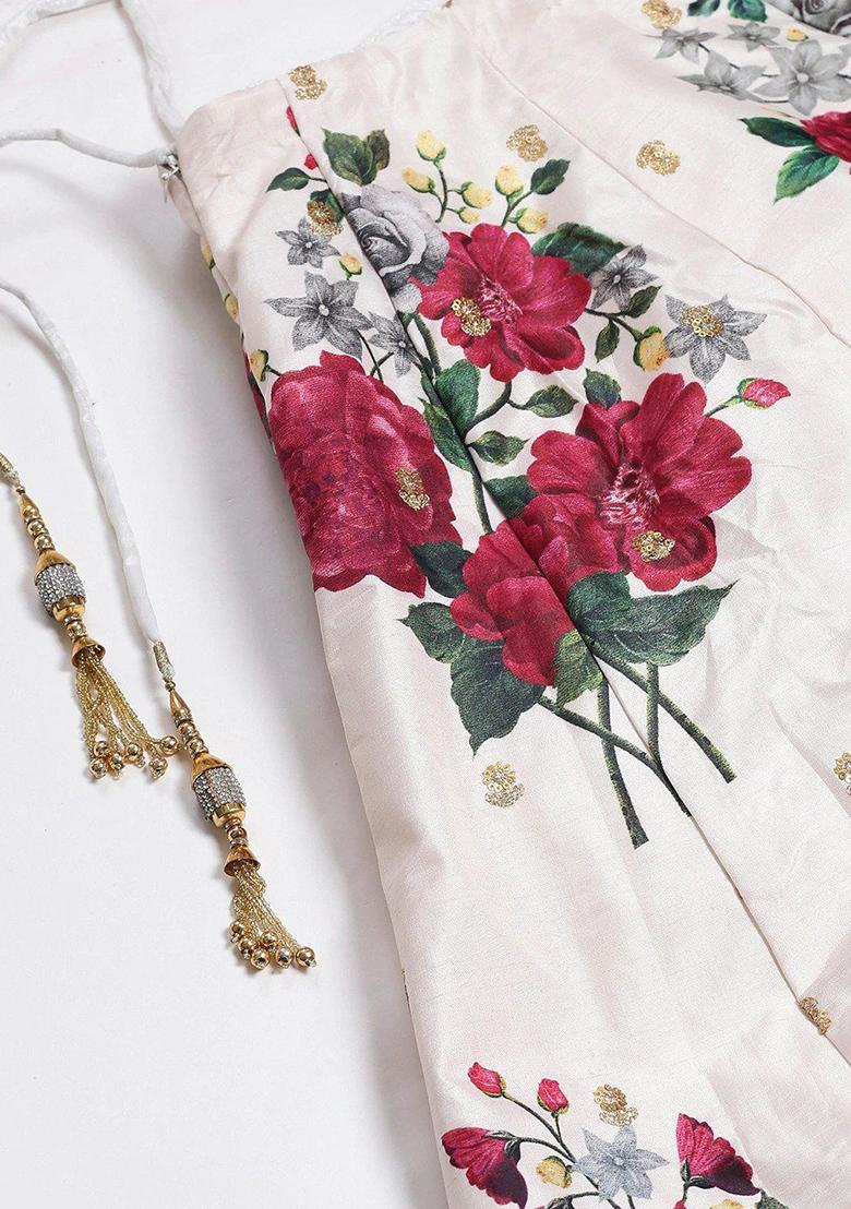 Off White Printed Poly Blend Lehenga Set