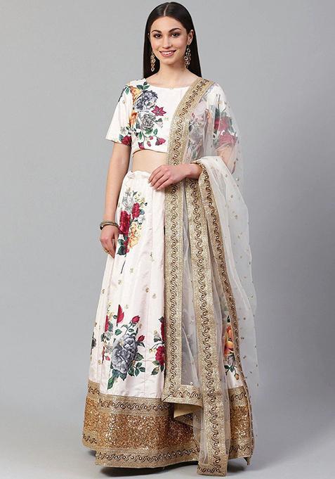 Off White Printed Poly Blend Lehenga Set