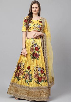 Yellow Printed Poly Blend Lehenga Set