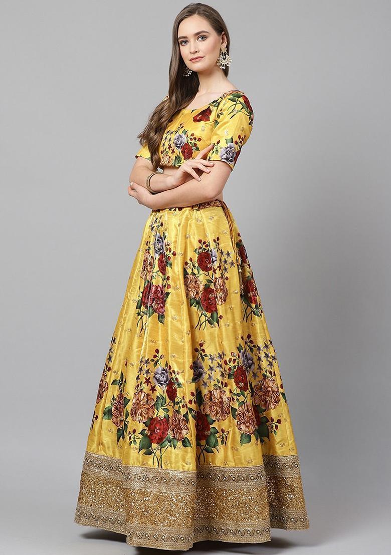 Yellow Printed Poly Blend Lehenga Set