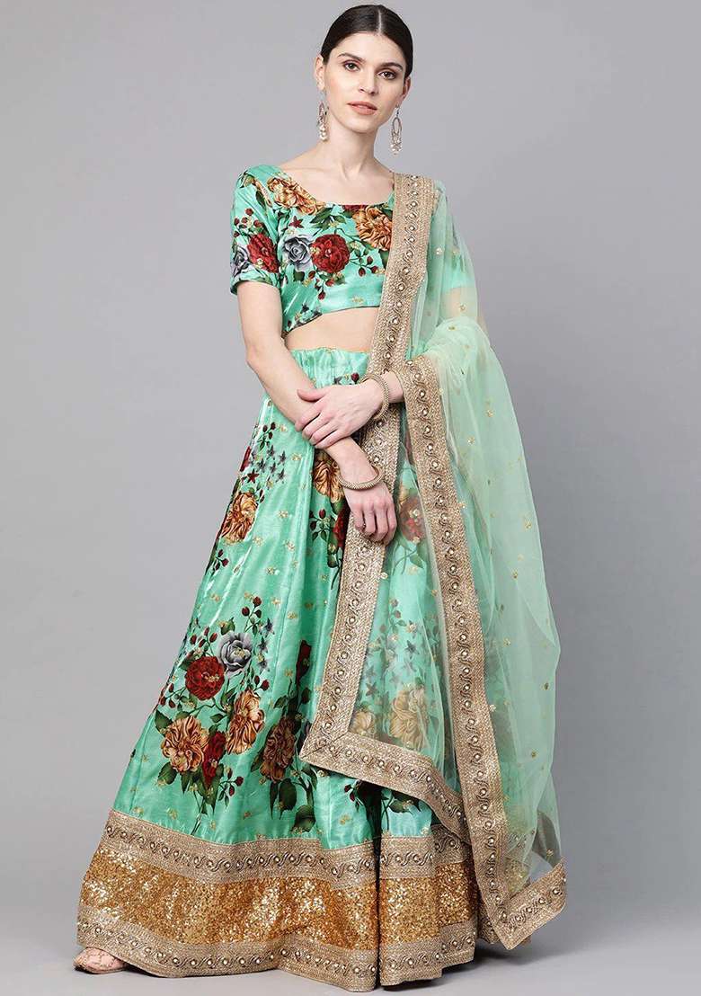 Green Floral Print Poly Blend Lehenga Set for Diwali and Festive Wear - Indya