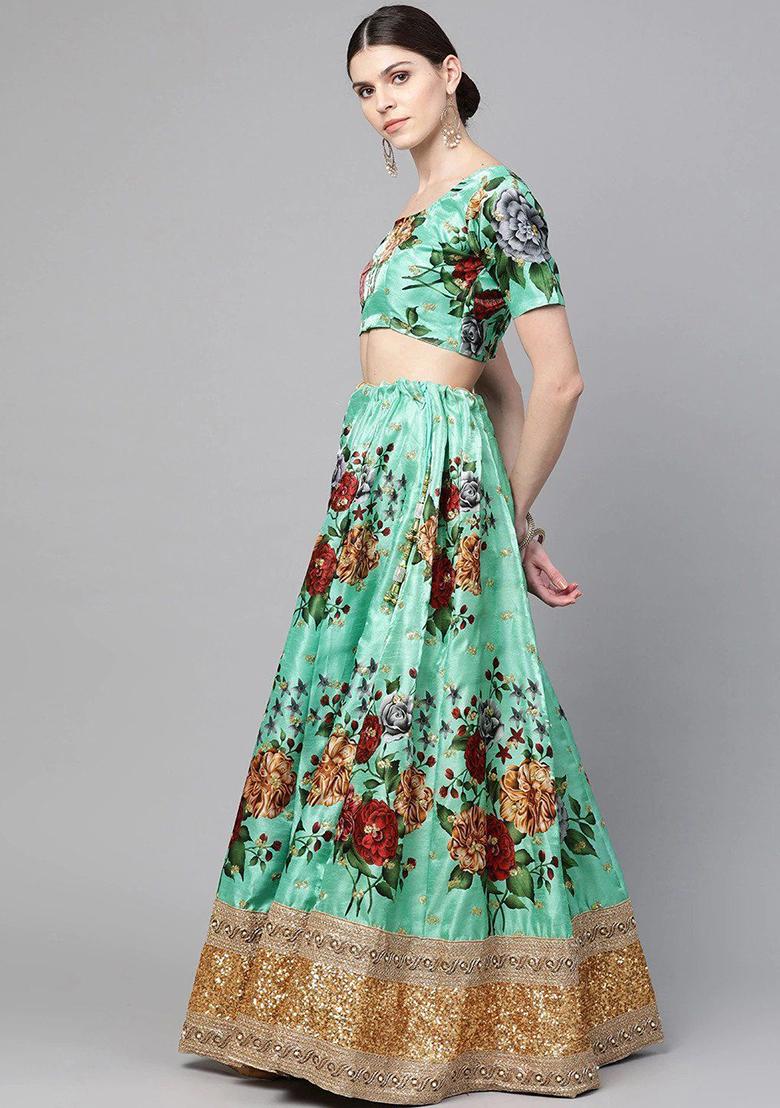 Green Floral Print Poly Blend Lehenga Set