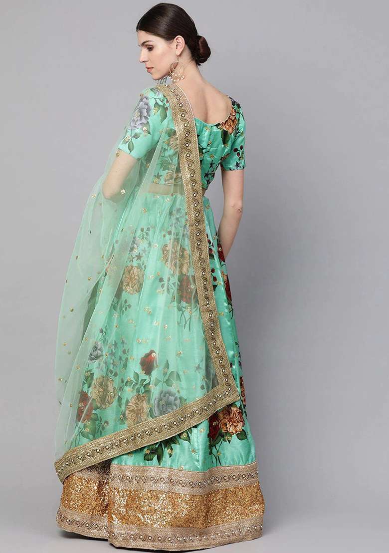 Green Floral Print Poly Blend Lehenga Set for Diwali and Festive Wear - Indya