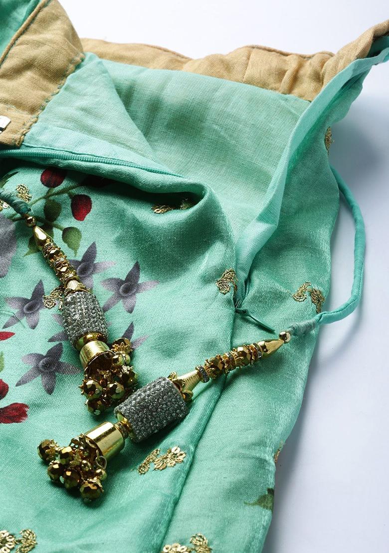 Green Floral Print Poly Blend Lehenga Set