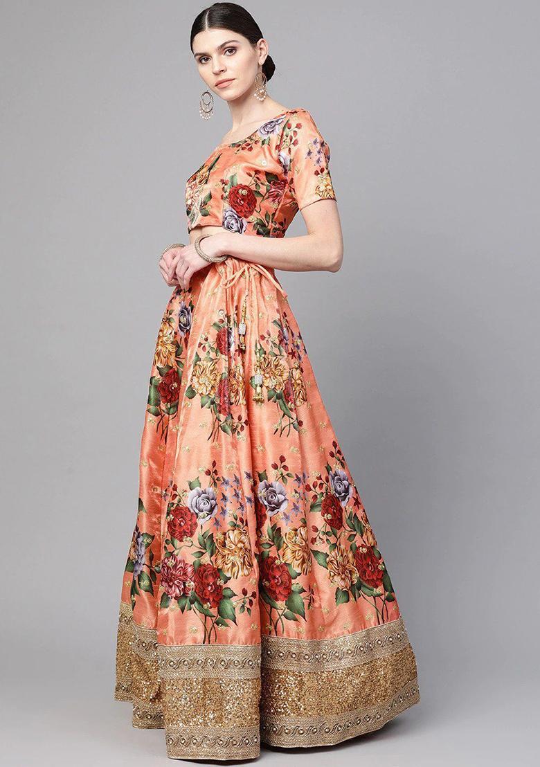Peach Printed Poly Blend Lehenga Set