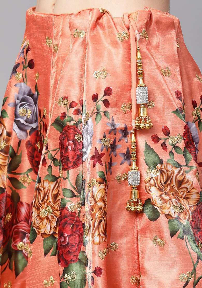 Peach Poly Blend Lehenga Set with Printed for Diwali | Wedding & Festive Wear - Indya