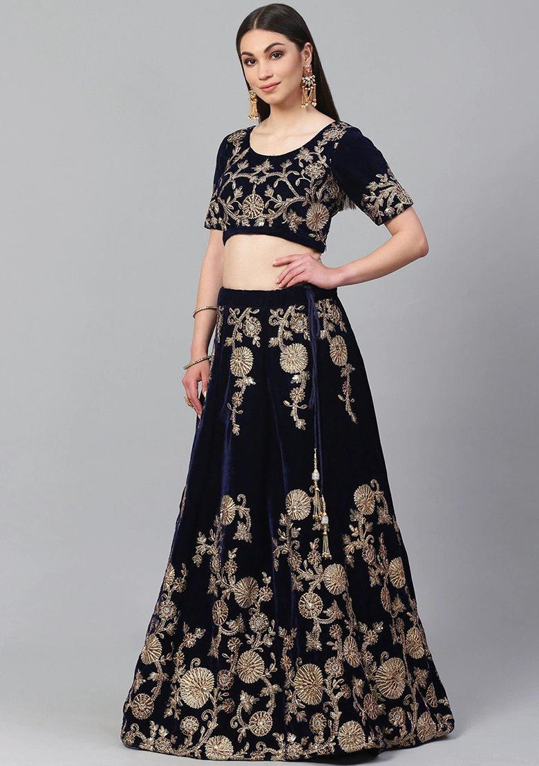 Navy Blue Embroidered Poly Blend Lehenga Set