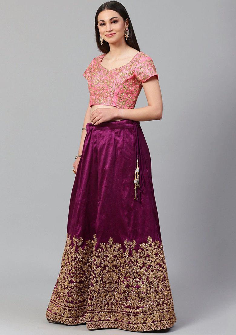 Purple Embroidered Poly Blend Lehenga Set