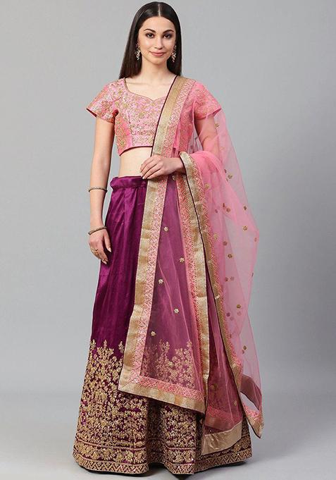 Purple Embroidered Poly Blend Lehenga Set