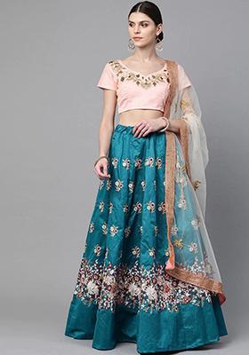 Blue Embroidered Poly Blend Lehenga Set