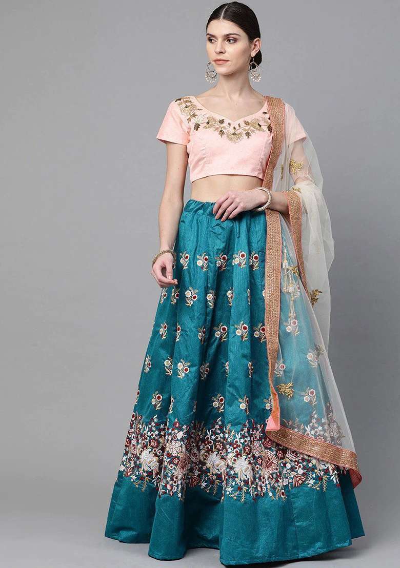 Blue Embroidered Poly Blend Lehenga Set for Diwali and Festive Wear - Indya