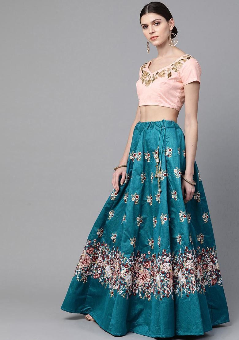 Blue Embroidered Poly Blend Lehenga Set