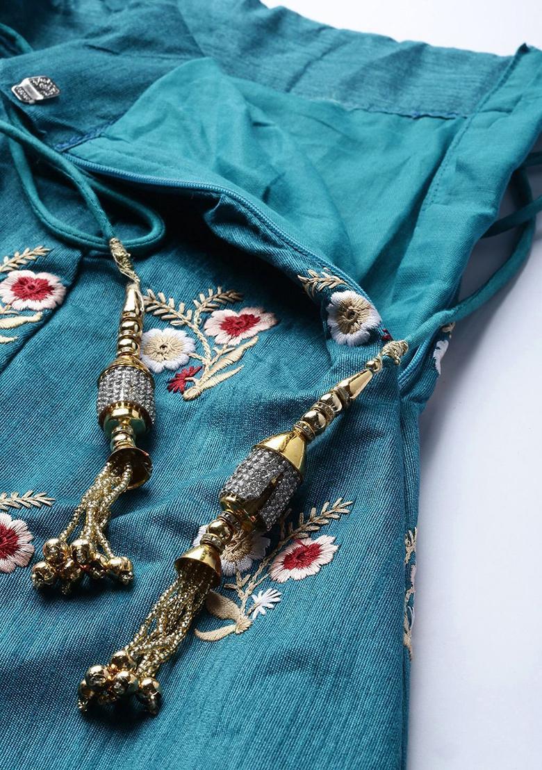 Blue Embroidered Poly Blend Lehenga Set