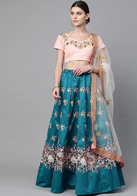 Blue Embroidered Poly Blend Lehenga Set