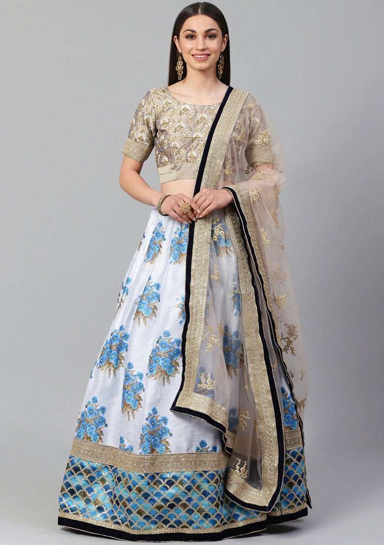 White Poly Blend Lehenga Set with Embroidered for Diwali | Wedding & Festive Wear - Indya