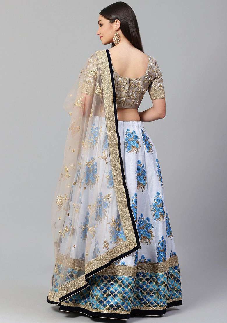 White Poly Blend Lehenga Set with Embroidered for Diwali | Wedding & Festive Wear - Indya