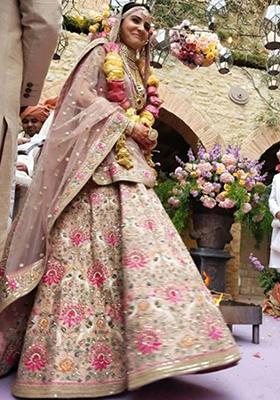 Peach Embroidered Silk Lehenga Set