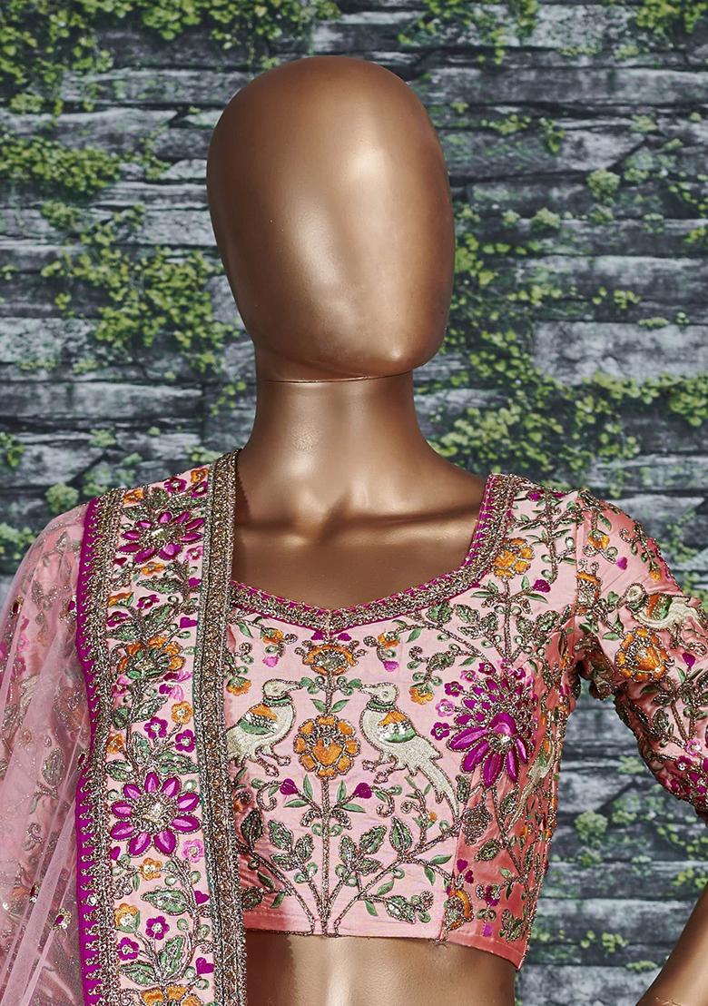 Peach Embroidered Silk Lehenga Set