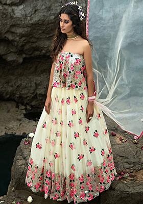 Off White Floral Print Net Lehenga Set
