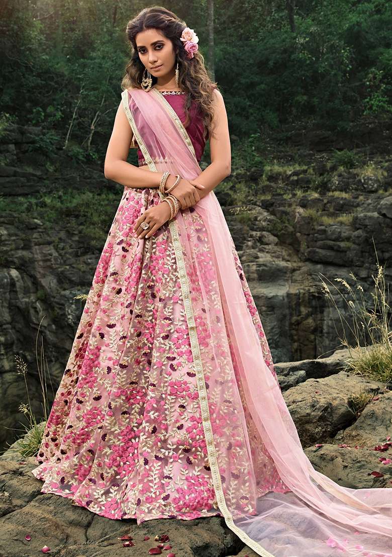 Pink Floral Print Net Lehenga Set for Diwali and Festive Wear - Indya