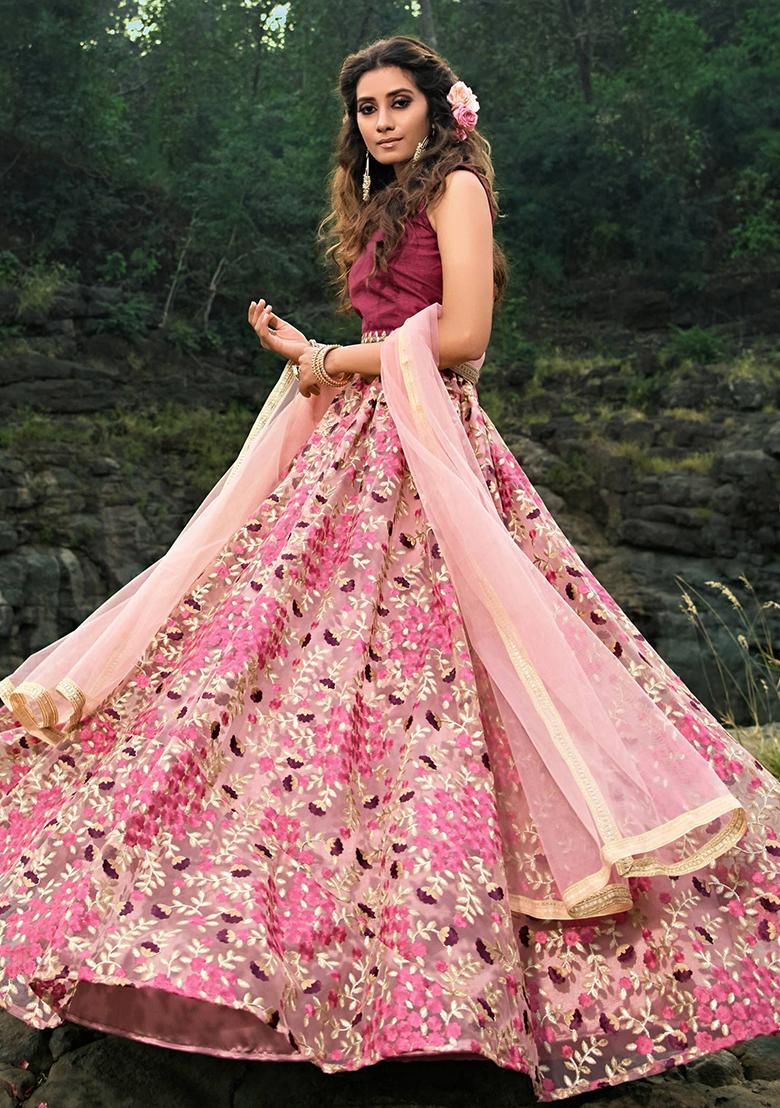 Pink Floral Print Net Lehenga Set