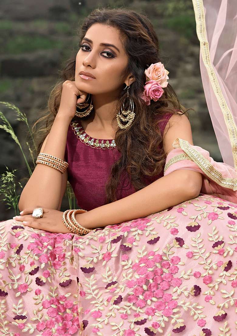 Pink Floral Print Net Lehenga Set for Diwali and Festive Wear - Indya