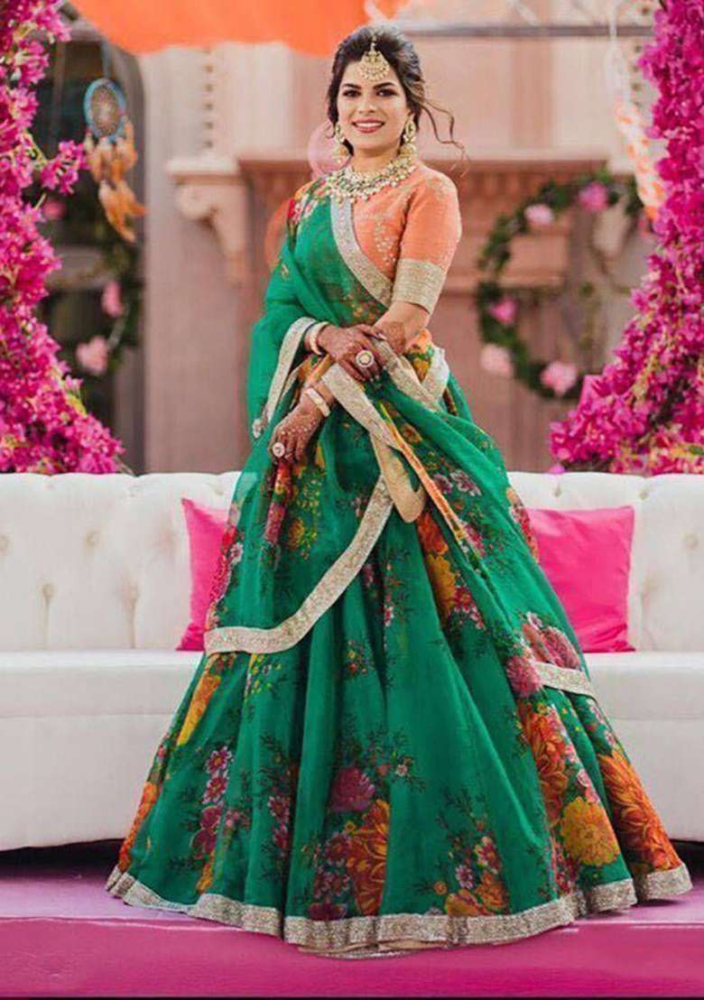 Green Floral Print Organza Lehenga Set for Diwali and Festive Wear - Indya