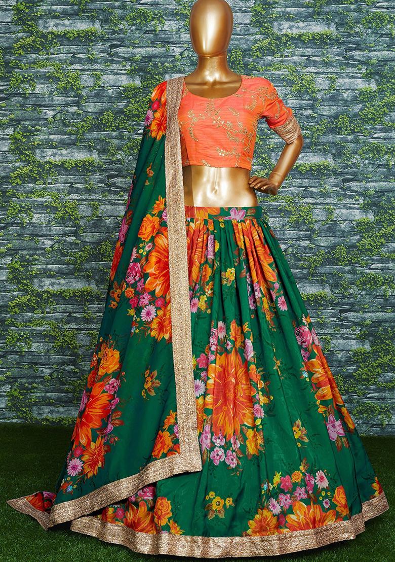 Green Floral Print Organza Lehenga Set